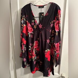 AMZ PLUS Women's Pleated V-Neck Long Sleeve Floral Print Loose Blouse Tunic 3X